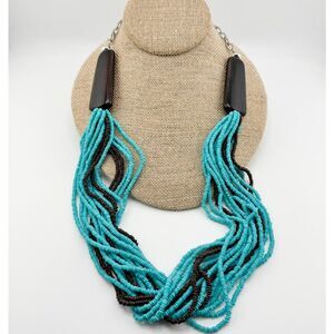 Vintage Kenneth Cole Necklace Wood Teal Brown Seed Bead Multi Strand Glamour
